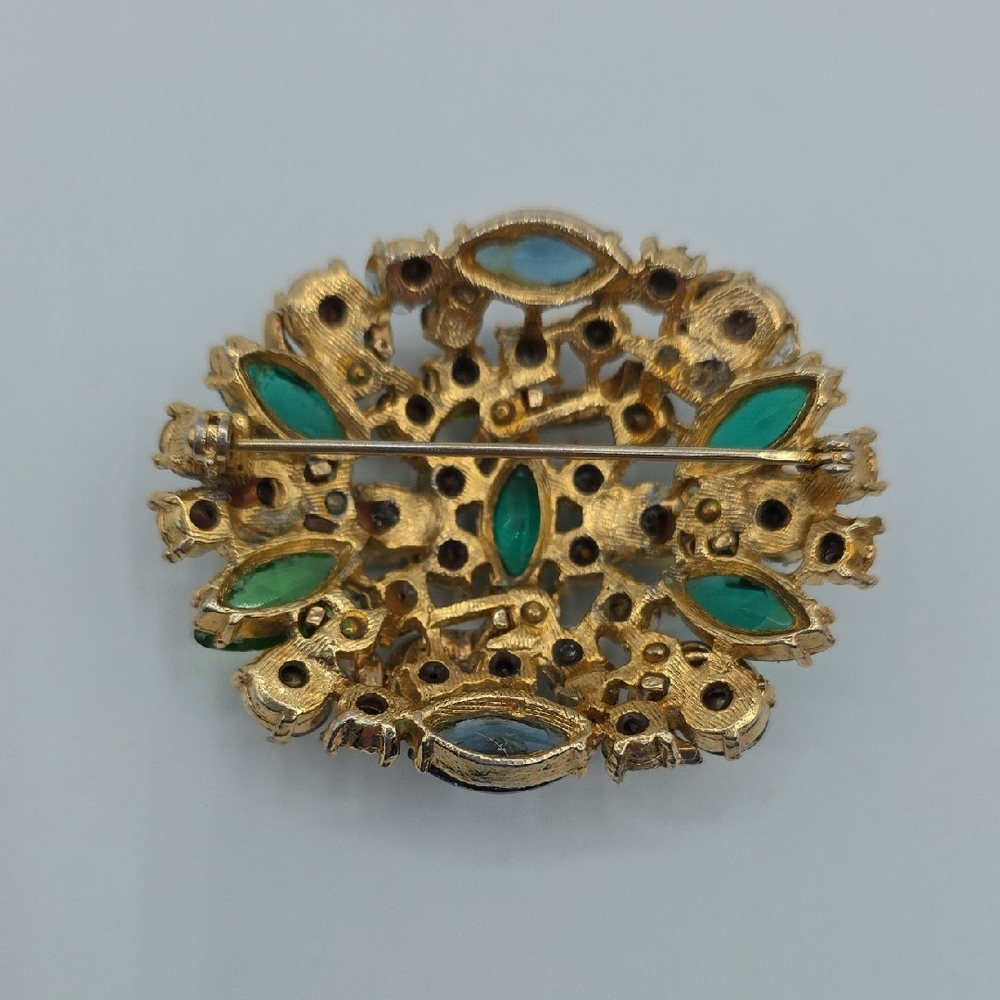 Vintage Green And Blue Rhinestone Brooch With Tiny Faux Pearls - Picture 4 of 7